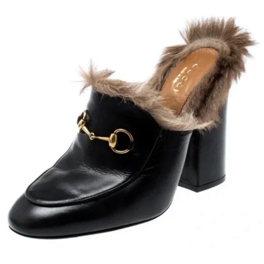 Gucci Black Princeton Leather Fur Lined Heel Mules Sz 35.5 or 5.5